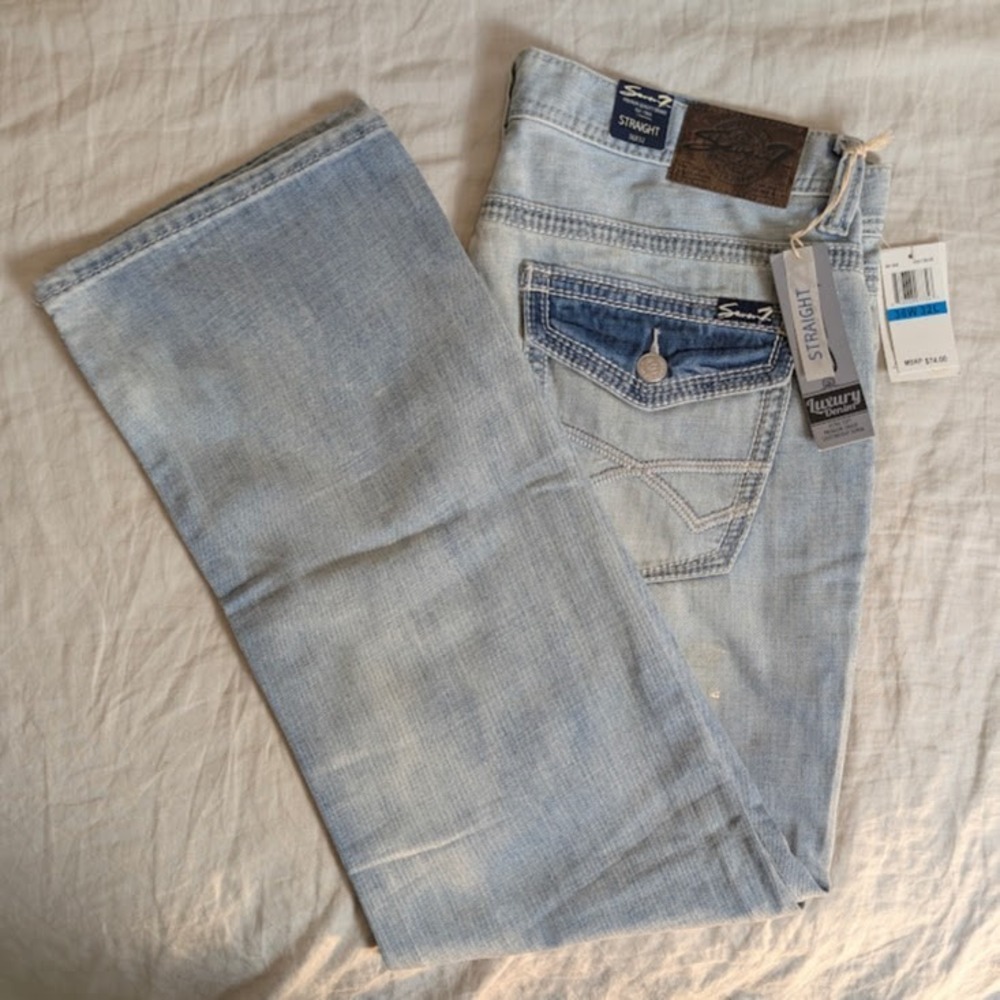 Seven 7 Jeans Mens 36x32 (Fits 38.5x31.5) Blue Flap Pockets Thick Stitch Soft